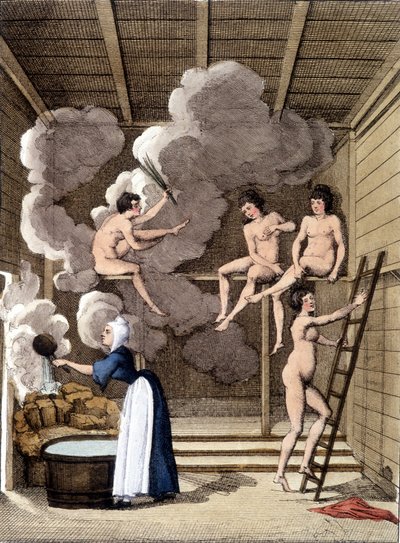 Alastonhahmot suomalaisessa saunassa. Kaiverrus vuodelta 1811 sisältää kirjan matkasta. tekijältä Unknown artist