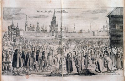 Virallinen seremonia ja paraati Moskovan Kremlissä. Kaiverrus 1600-luvulta. Venäjän kirjasto tekijältä Unknown artist
