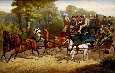 Matkalla derbyyn. Fiacre ja omnibus hevosten vetämässä derbyssä tekijältä Unknown artist