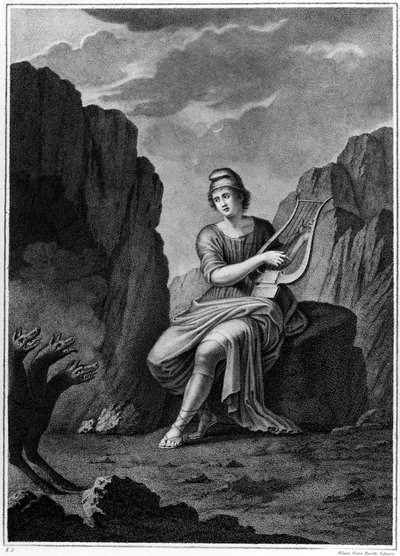 Orpheus alamaailman sisäänkäynnissä tapaa Cerberuksen. Litografia. 1800-luvulla tekijältä Unknown artist