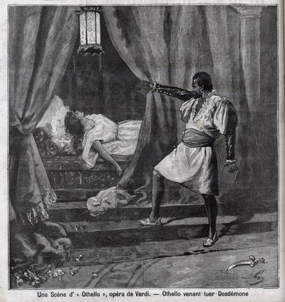 Othello tappoi juuri Desdemonan sängyssään. Kohtaus Giuseppe Verdin (1813-1901) ooppera "" Othello" -kaiverrus "" Le Parisien"" tekijältä Unknown artist