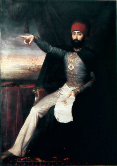 Ottomaanien valtakunta: Muotokuva sulttaani Mahmud II:sta (1784-1839)”” Se edustaa sormellaan osoittamista osoittamaan janissaarien teurastuskäskyä. Nimetön öljymaalaus. 1808-1839 Istanbul, Topkapi Sarayi -museo, Turkki tekijältä Unknown artist