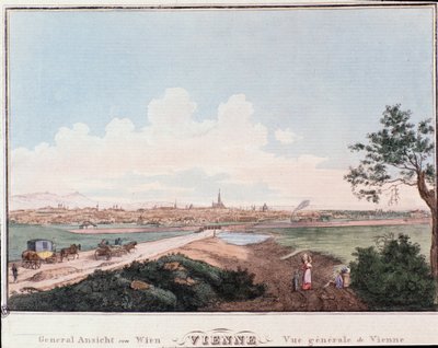 Yleiskatsaus Wienin kaupunkiin, jossa on Tonavan ylittävä silta. Itävalta Kaiverrus vuodelta 1830 Yksityiskokoelma tekijältä Unknown artist