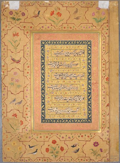 Sivu Late Shah Jahan -albumilta: Kalligrafia kehystettynä koristeellisella reunuksella unikon ja lintuparien kanssa (käänteinen) tekijältä Unknown artist