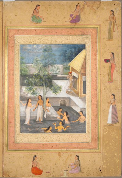 Sivu Late Shah Jahan -albumilta: Harem Night-Bathing Scene (recto) tekijältä Unknown artist