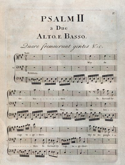 Toisen psalmin sivu Benedetto Marcellon "" Psalmit" -kappaleessa tekijältä Unknown artist