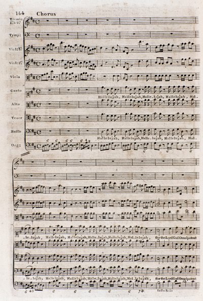Sivu kuoron "" Hallelujah"" partituurista "Messias"" (Messias) naturalisoituneen englantilaisen saksalaisen säveltäjän George Frederick Handelin (Georg Friedrich Handel) tekijältä Unknown artist