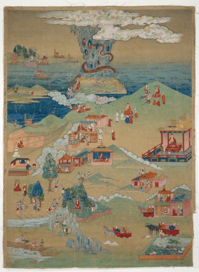 Maalattu banneri (Thangka) viidestä moraalitarinasta Avadana Kalpalata Jatakasta. tekijältä Unknown artist