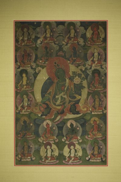 Vihreän Taran maalattu banneri (Thangka), jota ympäröi kaksikymmentä ilmentymää. tekijältä Unknown artist