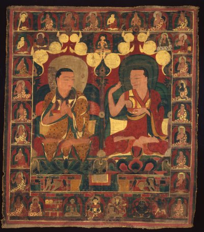 Maalattu banneri (Thangka) Kahden laaman linjamaalauksesta keskustelussa tekijältä Unknown artist