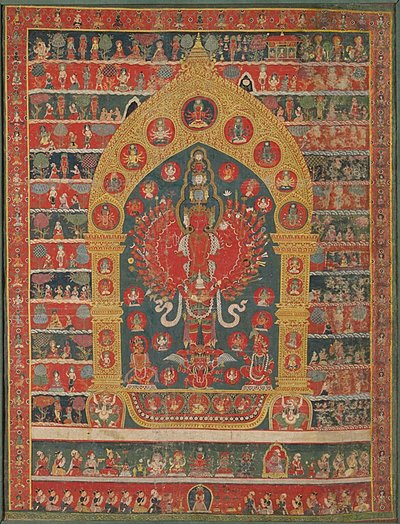 Maalattu banneri (Thangka) Avalokiteshvaran inkarnaatiosta Sadejumala Rato Matsyendranatha:sta. tekijältä Unknown artist