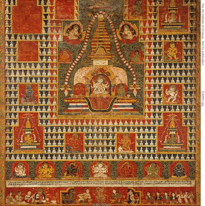 Ushnishavijayan jumalattaren maalattu banneri (paubha) hautakummun (chaitya) sisällä ja Chaityojen ympäröimänä. tekijältä Unknown artist