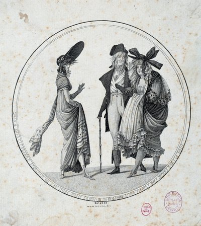 Pariisilainen muoti: "" Hämmästyttävä ja upea"" Kaiverrus vuodelta 1795 Pariisi, Musee Carnavalet tekijältä Unknown artist