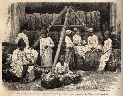 Parsi-kauppiaat ja -kauppiaat Bombayn puuvillamarkkinoilla. Kaiverrus havainnollistamaan matkaa Intian meridionaalisissa provinsseissa, Alfred Grandidier, 1862-1864, julkaistu "" Le tour du monde""" 1869, toimittanut Edouard Charton, painos Hachette, Par tekijältä Unknown artist