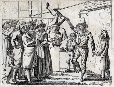 Juhlat kylässä: pelejä ja naamiointia. Kaiverrus 1700-luvun lopulla. Yksityinen kokoelma. tekijältä Unknown artist
