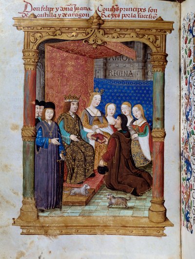 Pedro Marcuello esittelee kirjansa Hasburgin kuninkaalle Philip I:lle Kauniina (1478-1506) ja Kastilian kuningatar Joan Ierelle (1504-1555). Miniatyyri Pedro Marcuellon teoksessa "Kuningatar Da Juanan hartaus, jota he kutsuivat hulluksi naiseksi" tekijältä Unknown artist