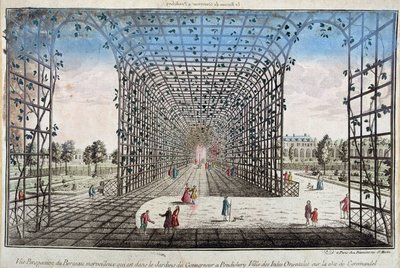 Perspektiivikuva upeasta kehdosta, joka on kuvernöörin puutarhassa Pondicherryssä (Pondicherry), Itä-Intian kaupungissa Coromandelin rannikolla - kaiverrus tekijältä Unknown artist