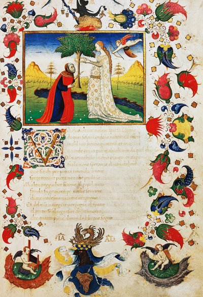 Amorin nuolen osuma Petrarca, laakerikruunu päällä, johdanto sonetiin Sinä, joka kuulet äänen, hajallaan riimeinä, Francesco Petrarcan (1304-1374) Trionfista, valaistu sivu 1400-luvun käsikirjoituksesta tekijältä Unknown artist