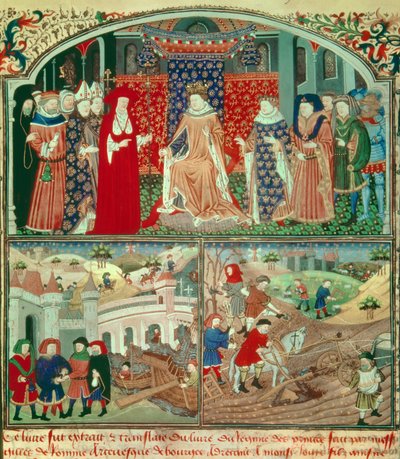 Philippe Bel truunant (1268-1314) kyntö- ja kauppiaskohtauksella. Miniatyyri Gilles de Romen (v.1247-1316) "Livre du régime des Princes" -kirjassa, Paris, B N tekijältä Unknown artist