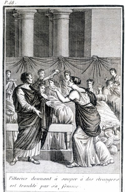 Pillacus, joka antaa illallista tuntemattomille, on vaimonsa vaivautunut. tekijältä Unknown artist