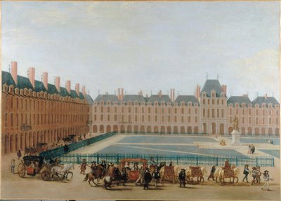 Place Royale, noin 1660; kuninkaan vaunujen kulku. Nykyinen Place des Vosges, 4. kaupunginosa, noin 1655-1665 (öljy kankaalle). tekijältä Unknown artist