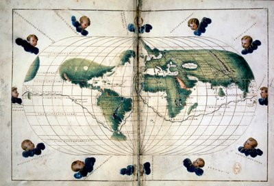 Planisfääri (tai maailmankartta). Maantieteellinen kartta Battista Agnesen atlasista (1500-1564), noin 1543. Paris, B.N. tekijältä Unknown artist