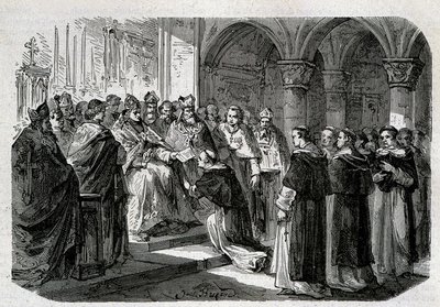 Paavi Adrien II (792-872) luovutti yhdelle legaatistaan lordi Normandia vastaan ​​erotuskuplan. Kaiverrus - "" Paavien historiassa "", sd. 1800-luvulla. tekijältä Unknown artist