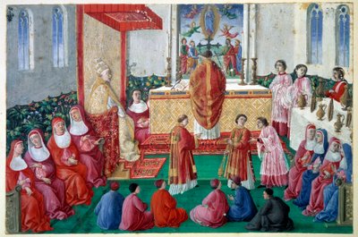 Paavi Sixtus IV (1414-1484) osallistuu messuun Sikstuksen kappelissa Vatikaanin miniatyyri decoupeessa 1400-luvulla. Aurinko 0,1x0,16 m Chantilly, musee Conde tekijältä Unknown artist