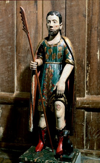 Suosittua taidetta: "" Saint Roch"" Pyhä kantaa ruttopullia jalassaan. Nimetön 1700-luvun veistos. São Paulon taidemuseo tekijältä Unknown artist