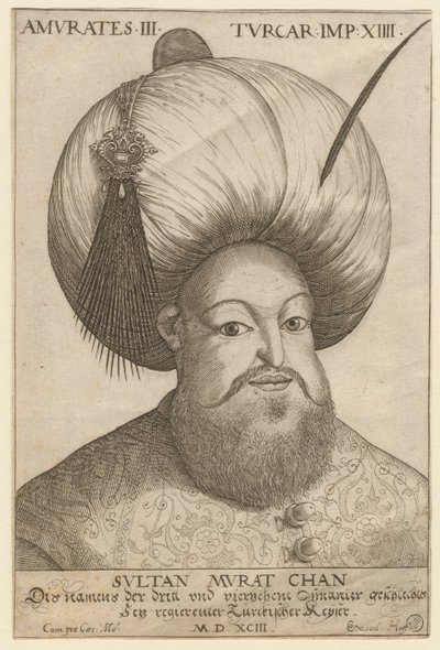 Mourad III:n muotokuva (1546-1595), ottomaanien sulttaani - Murad III (1546-1595), Ottomaanien valtakunnan sulttaani - Nimetön - 1593 - Etsaus - 18,5x12,3 - Yksityiskokoelma tekijältä Unknown artist