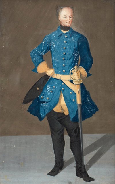 ""Ruotsin kuninkaan Kaarle XII:n muotokuva"" (Ruotsin kuninkaan Kaarle XII:n (1682-1718) muotokuva) Nimetön akvarelli ja guassi noin 1710 Dim 20x13 cm Yksityiskokoelma tekijältä Unknown artist