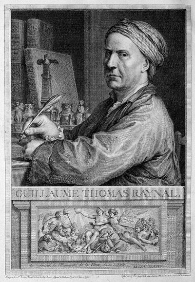 Etukuva Raynalista - Guillaume Thomas Raynalin teoksessa "Euroopan siirtokuntien ja kaupan filosofinen ja poliittinen historia kahdessa indeksissä". tekijältä Unknown artist