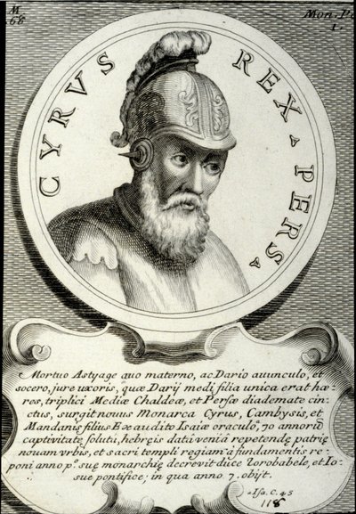 Kyros II:n (noin 559-529 eKr.) muotokuva, jota kutsuttiin Kyyros Suureksi, Persian valtakunnan perustajaksi. Kaiverrus 1700-luvun yksityiskokoelmasta tekijältä Unknown artist