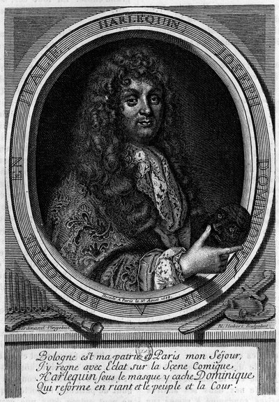 Dominique (Domenico Giuseppe) Biancolellin (1640-1688) muotokuva näyttelijästä, hän loi esittämänsä Harlequinin (Arlechino) hahmon. Hän oli osa ryhmää, jonka Mazarin toi Pariisiin vuonna 1660 Comedie-Italianaan. tekijältä Unknown artist