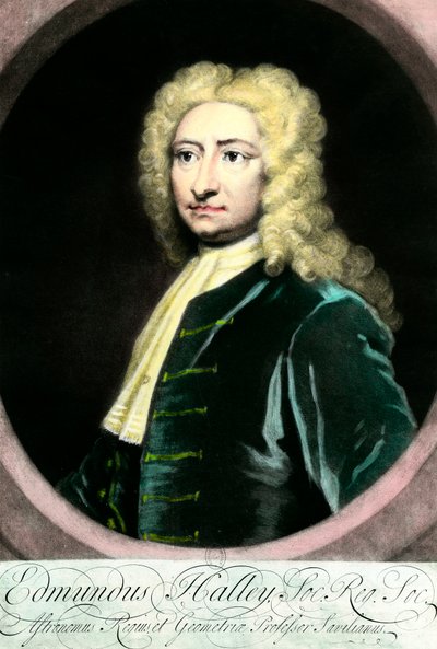 Edmond (Edmund) Halley (1656-1742), brittiläisen tähtitieteilijän muotokuva”” Kaiverrus 1700-luvun kokoelmasta Particuliere tekijältä Unknown artist