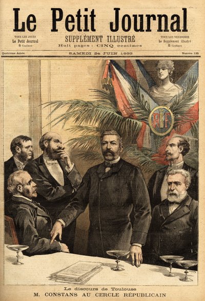 Ernest Constansin (1833-1913) muotokuva republikaanien piirissä, oikeustieteen professori ja sitten poliitikko, hän oli sisäministeri useita kertoja ja Indokiinan ensimmäinen kuvernööri Ranskan protektoraatin alaisuudessa. Kaiverrus "" Le petit journal" -k tekijältä Unknown artist