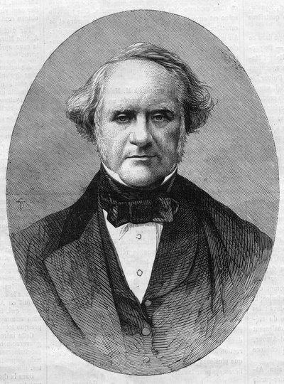 Muotokuva George Peabodysta (1795-1869), yrittäjä ja filantrooppi, joka perusti Johns Hopkinsin yliopiston Peabody Institute -konservatorion Marylandissa, Yhdysvalloissa. Kaiverrus "" Maineikas universumi"" tekijältä Unknown artist