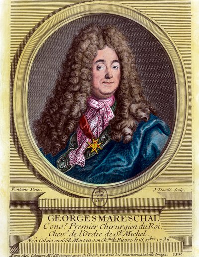 Muotokuva Georges Marechalista (1658 - 1736), kuninkaan ensimmäisestä kirurgista 1703 - 1719. Kaiverrus 1700-luvulta. Yksityinen kokoelma. tekijältä Unknown artist