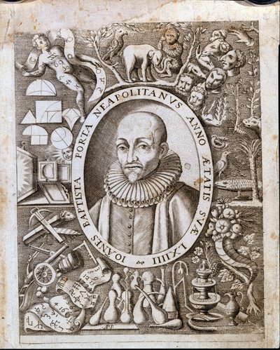 Muotokuva Giambattista (Johannes Kastaja, Johannes Kastaja) della Porta (1535 - 1615) "Magiae Naturaliksen" etureunassa. 17. vuosisata. tekijältä Unknown artist