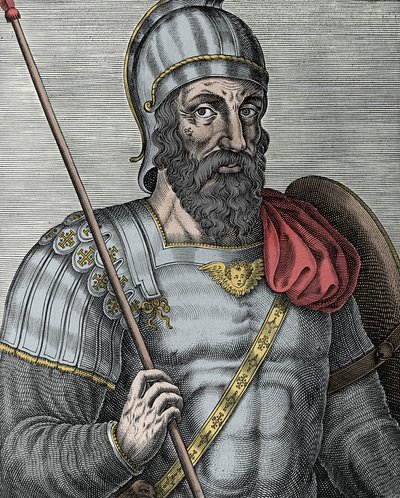 Muotokuva Godfrey of Bouillonista (Godefroy de Bouillon) (1040/61-1100), frankkiritari, yksi ensimmäisen ristiretken johtajista - Kaiverrus 1500-luku tekijältä Unknown artist