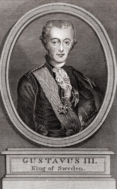 Kustaa III:n (1746-1792), Ruotsin kuninkaan muotokuva vuosina 1771–1792, kaiverrus vuodelta 1787 "" Kokoelma eilisen vuoden sotilaille"" tekijältä Unknown artist
