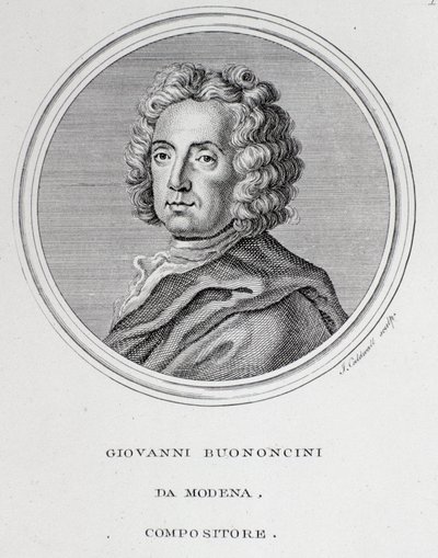 Italialaisen barokkisäveltäjän ja sellisti Giovanni Battista Bononcinin (1670-1747) muotokuva Kaiverrus. 1700-luvulla. Bologna, kansalaisbibliografinen museo tekijältä Unknown artist