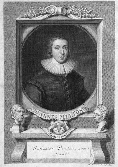 John Miltonin, englantilaisen runoilijan ja esseistien (1608 - 1674) muotokuva kaiverrus 1700-luvulta tekijältä Unknown artist