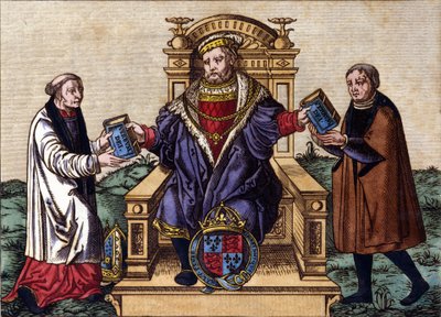 Englannin kuninkaan Henrik VIII:n (1491 - 1547) muotokuva valtaistuimellaan lähettäen Raamatun kahdelle hovimiehelle. Väritys kaiverrus. tekijältä Unknown artist