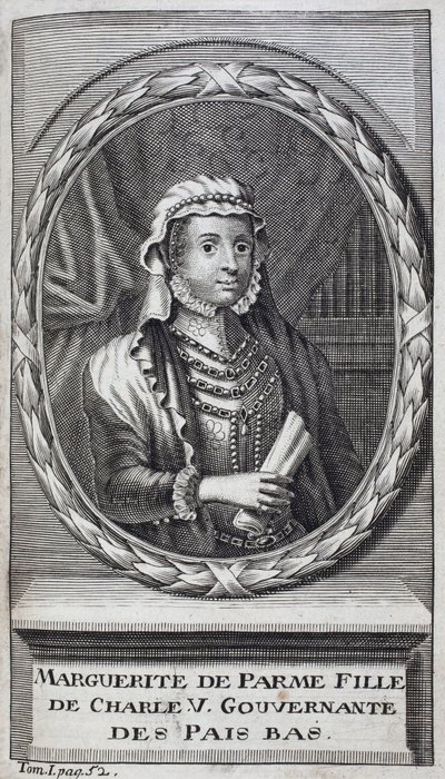 Parman Margaritan (tai Itävallan Margaritan) (1522-1586), Parman ja Piacenzan herttuattaren, Kaarle V:n (1500-1558) luonnollisen tyttären ja Alankomaiden (Alankomaat) kuvernööritar, muotokuva vuosina 1559-1581. Kaiverrus havainnollistamaan "History of the  tekijältä Unknown artist