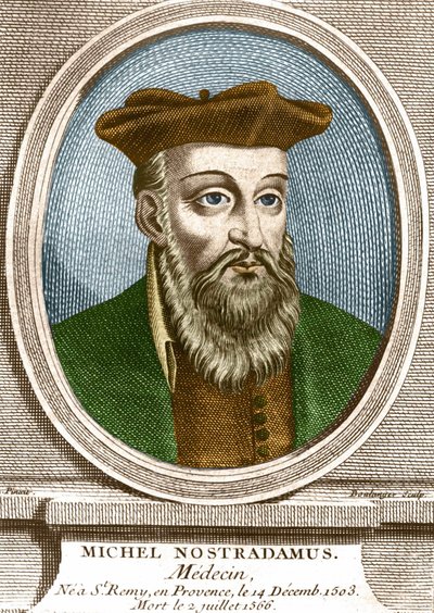 Michel nostradamusin muotokuva, lääkäri, Saint Remy de Provence (Saint-Remy-de-Provence) 14.12.1503 ja kuoli 7.2.1566. Kaiverrus 1800-luvulta. tekijältä Unknown artist