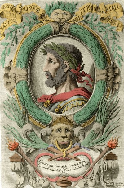 Hunien liittoutuneen herulesin johtajan ja Attilan ministerin (435-493) muotokuva Odoacresta (Odovacar). Kaiverrus 1700-luvulta. tekijältä Unknown artist