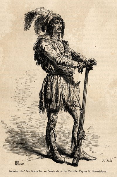 Muotokuva Osceolasta (1804-1838), seminolien johtaja, intialaisten vastarintaliikkeen kärjessä Yhdysvaltoja vastaan Floridan sodan aikana (1835-1842). Kaiverrus havainnollistamaan tarinaa neljä kuukautta Floridassa, Achille Pousselgue vuosina 1851-1852, ju tekijältä Unknown artist