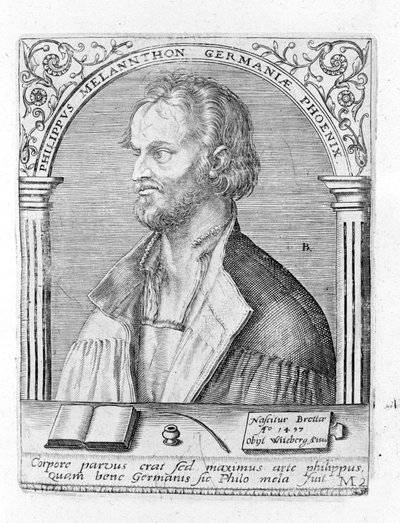 Muotokuva Philip Melanchthonista (Melanchthon) (1497 - 1560), saksalaisesta uskonnonuudistajasta. Kaiverrus. tekijältä Unknown artist