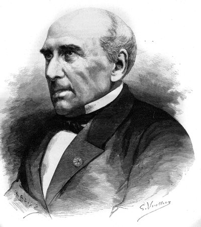 Pierre Guillaume Frederic Le Play (Pierre-Guillaume-Frederic) (1806-1882), ranskalaisen insinöörin ja sosiologin muotokuva. Kaiverrus "" Le Monde Illustré" -julkaisussa nro 1306, 8. huhtikuuta 1882. tekijältä Unknown artist